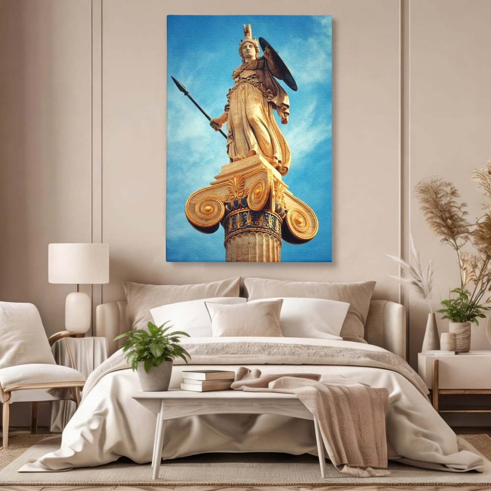 Tablou canvas cu tablou canvas cu statuia atenei, fara rama, pe sasiu de lemn, pe perete intr-un dormitor
